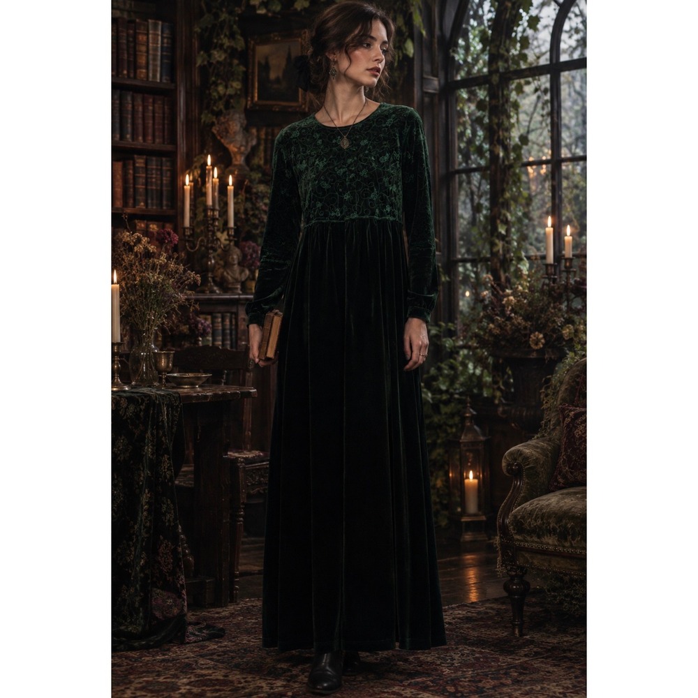 Bold Spirit VTG Whimsigoth Fairy Grunge Green Velvet Embroidered Maxi Dress 1X